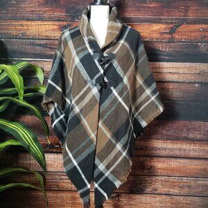 NWT St Johns Bay One Size Poncho Shawl Cape Toggle Sweater Blanket Brown Plaid